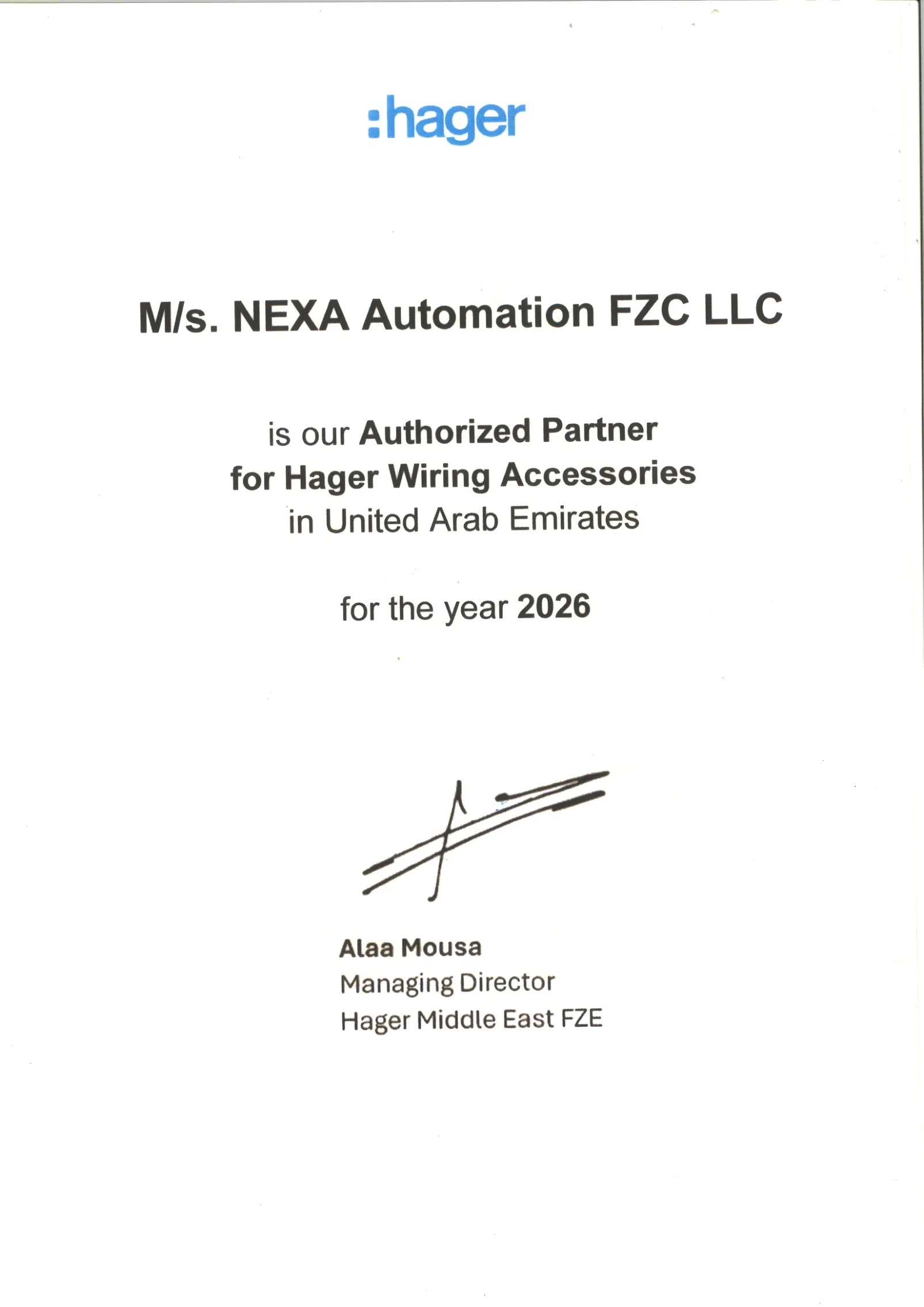Hager Authorized Partner Certificate 2026